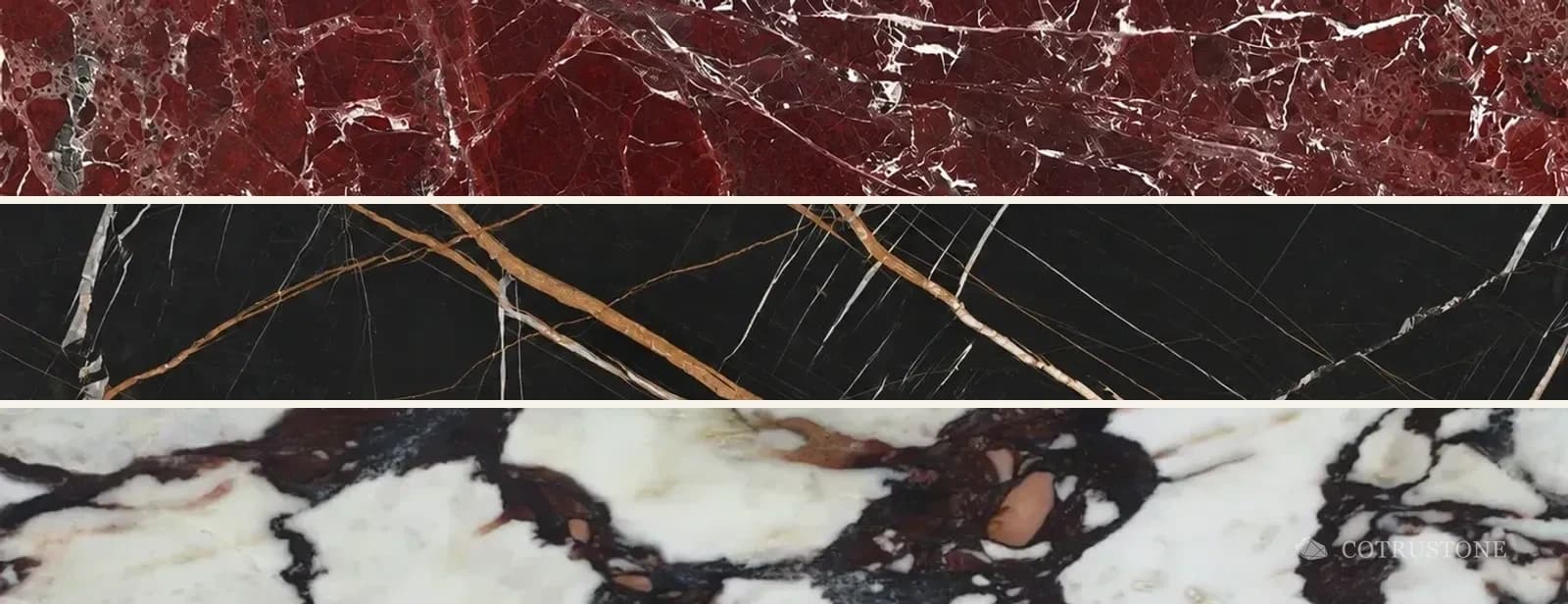 Top to bottom: Rosso Levanto marble, burgundy & pale veins; Port Laurent marble, black & warm lines; Calacatta Viola marble, ivory & bold markings.