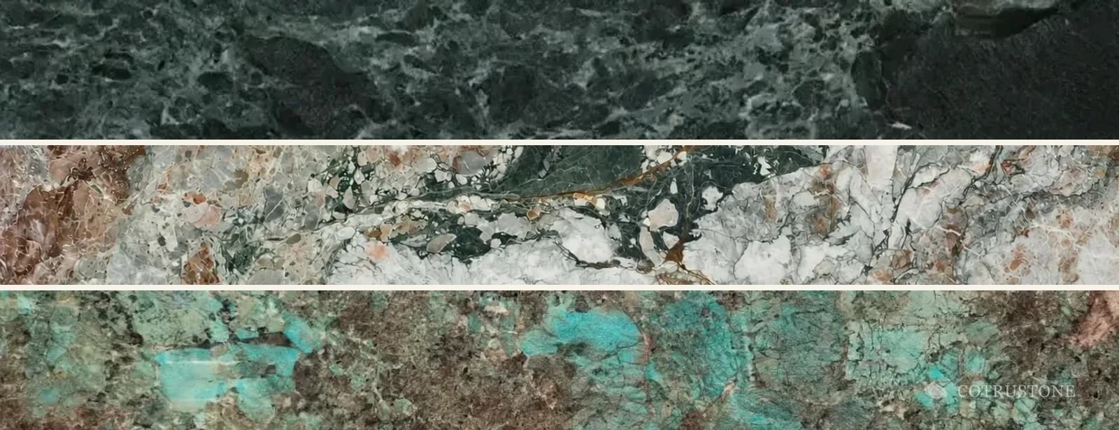 Top to bottom: Prada green marble, deep green ground; Four Seasons Green marble, light & branching; Amazonite quartzite, brighter mineral colour.