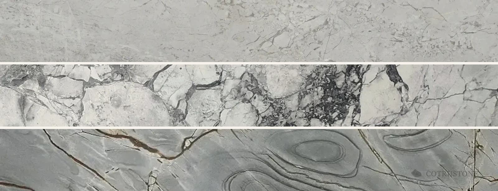 Top to bottom: Castle Grey marble, finer grey movement; Super White, larger mineral fields; Blue Roma, blue-grey & warm veins.