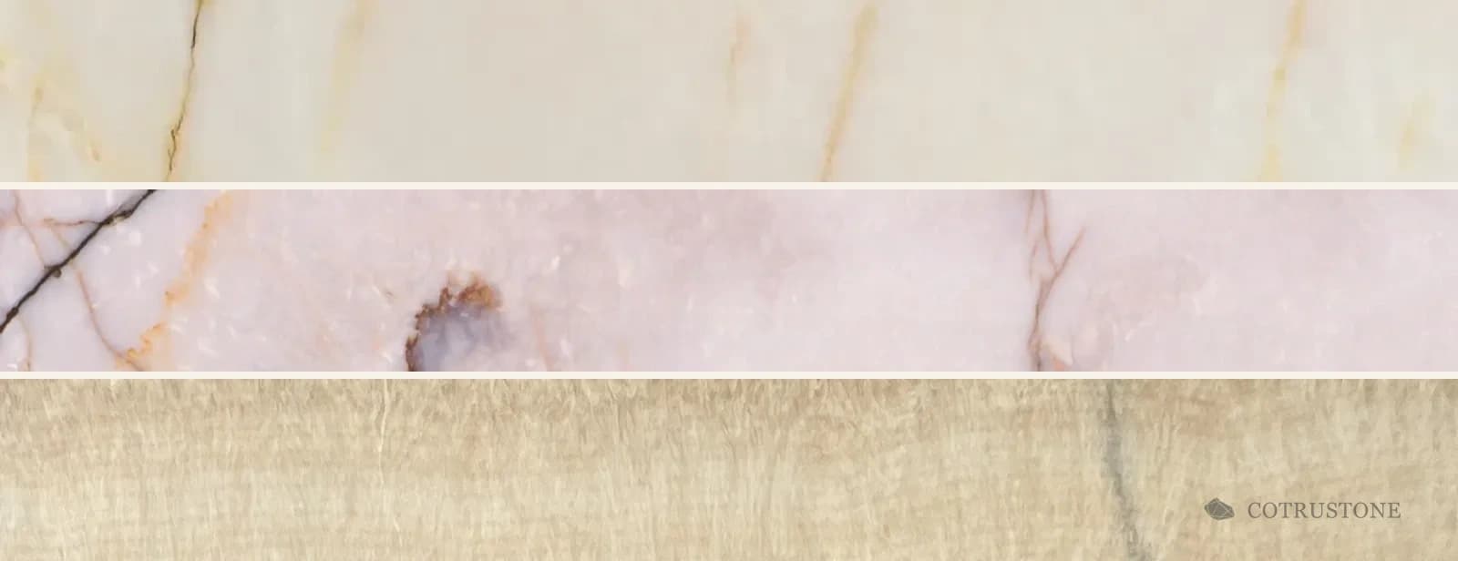 Top to bottom: White onyx, light ivory & gold; Pink onyx, pink mineral fields; Honey onyx, honey-coloured bands.