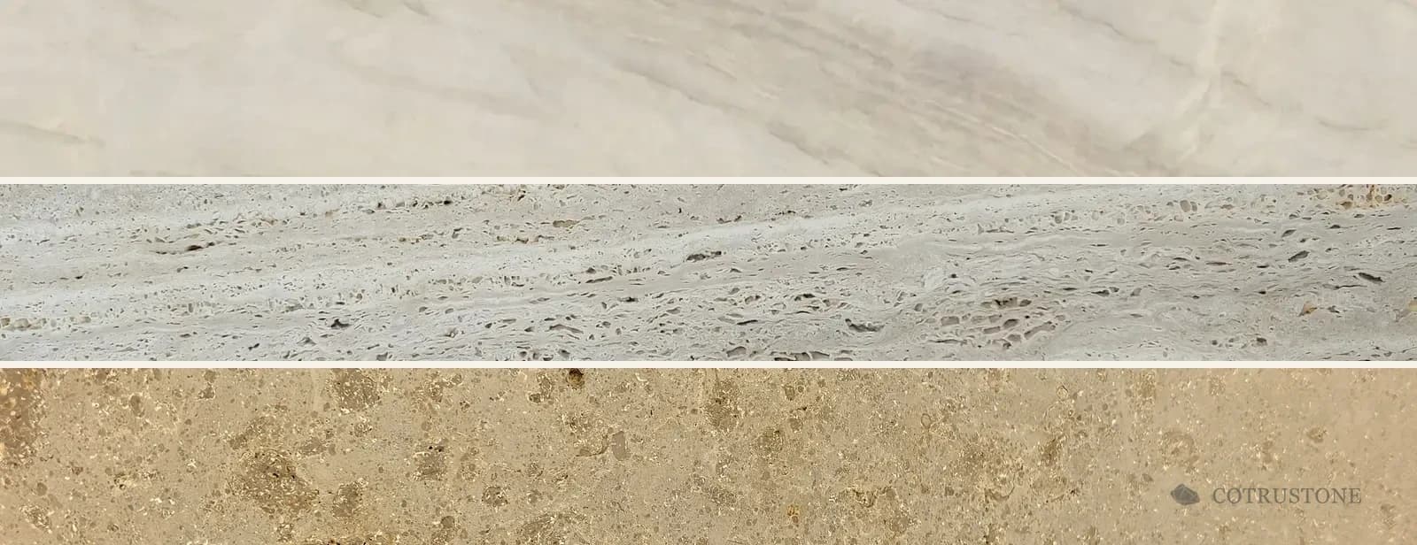 Top to bottom: Taj Mahal quartzite, soft beige movement; Warm linear travertine, directional layers; Jura Beige limestone, scattered natural markings.