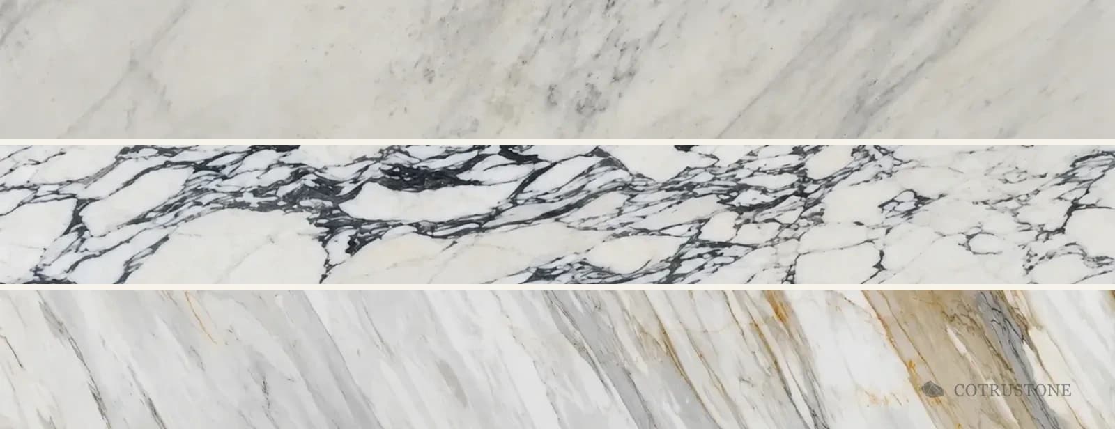 Top to bottom: Oriental White marble, softer grey movement; Arabescato Vagli marble, stronger grey outlines; Calacatta Gold marble, warmer vein colour.