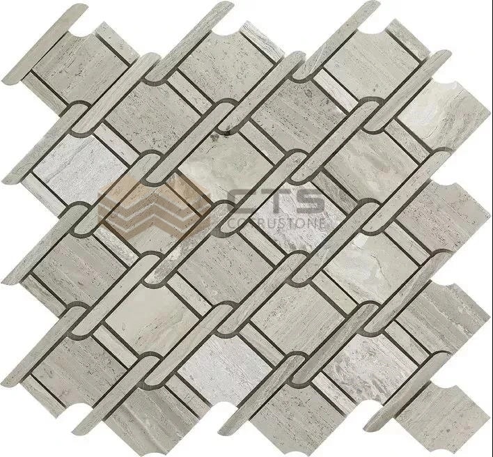CTS004 grey-beige stone mosaic with broad geometric pieces and narrow rounded linking elements