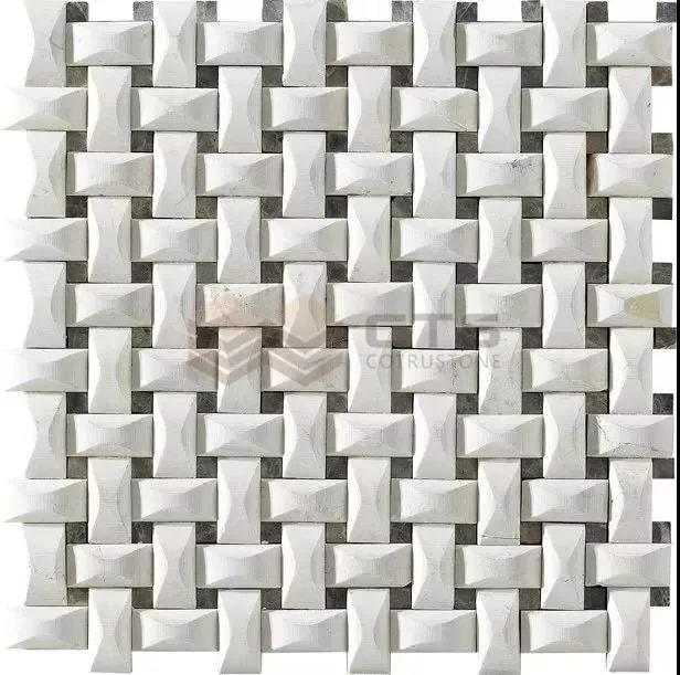 CTS026 stone mosaic with white faceted rectangular pieces in a woven pattern over dark stone