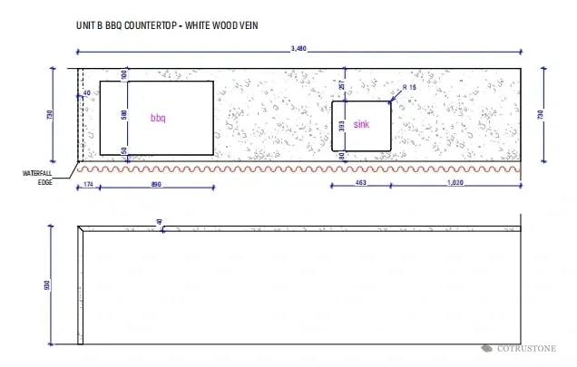 Customer reference drawing showing an outdoor countertop with barbecue and sink openings