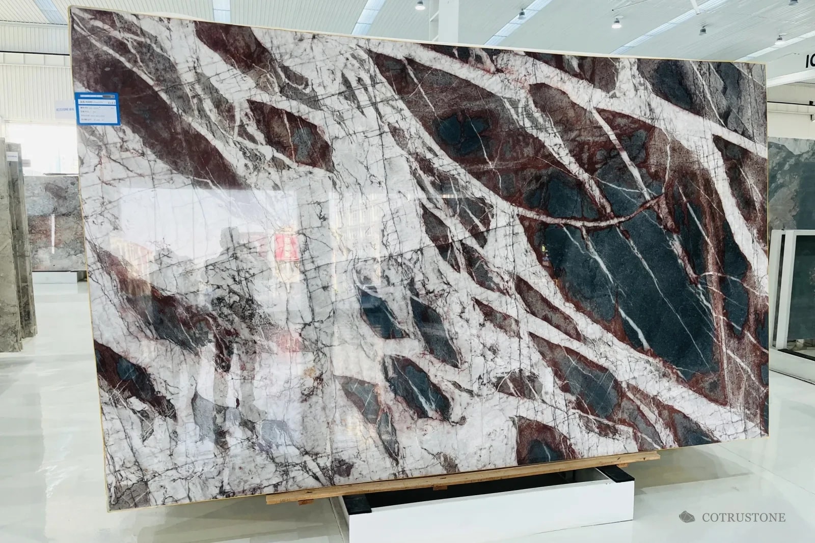 Polished marble slab with white ground and deep red and green veins, standing in a slab hall