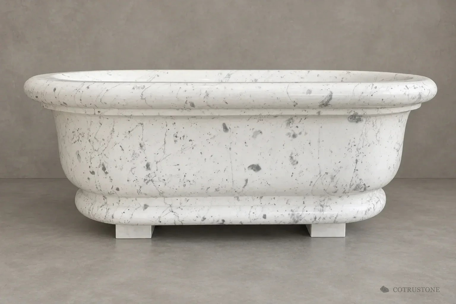 Classic white stone bathtub with rolled rim and profiled base