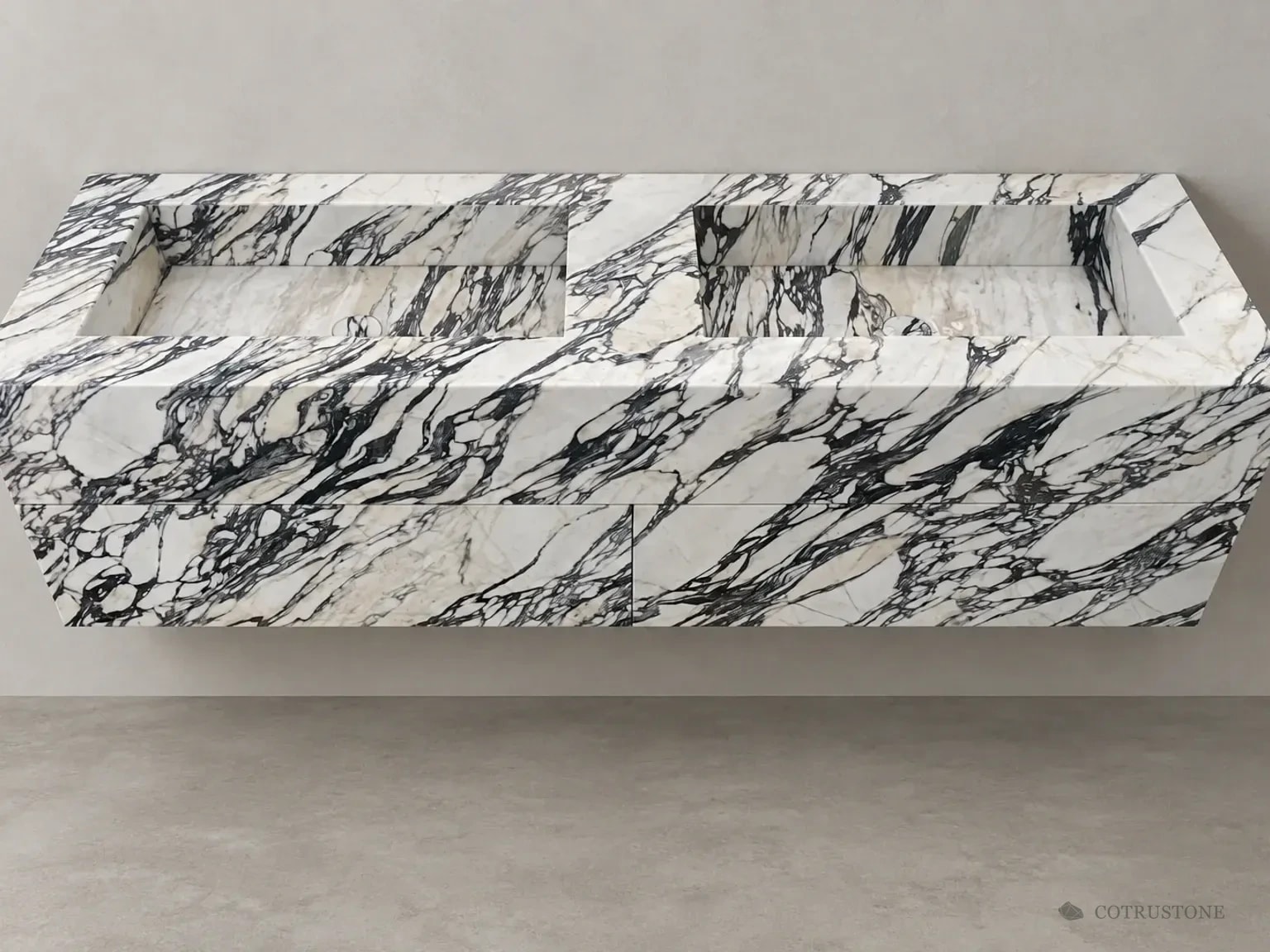 Double-bowl marble vanity in a wall-hung design setting