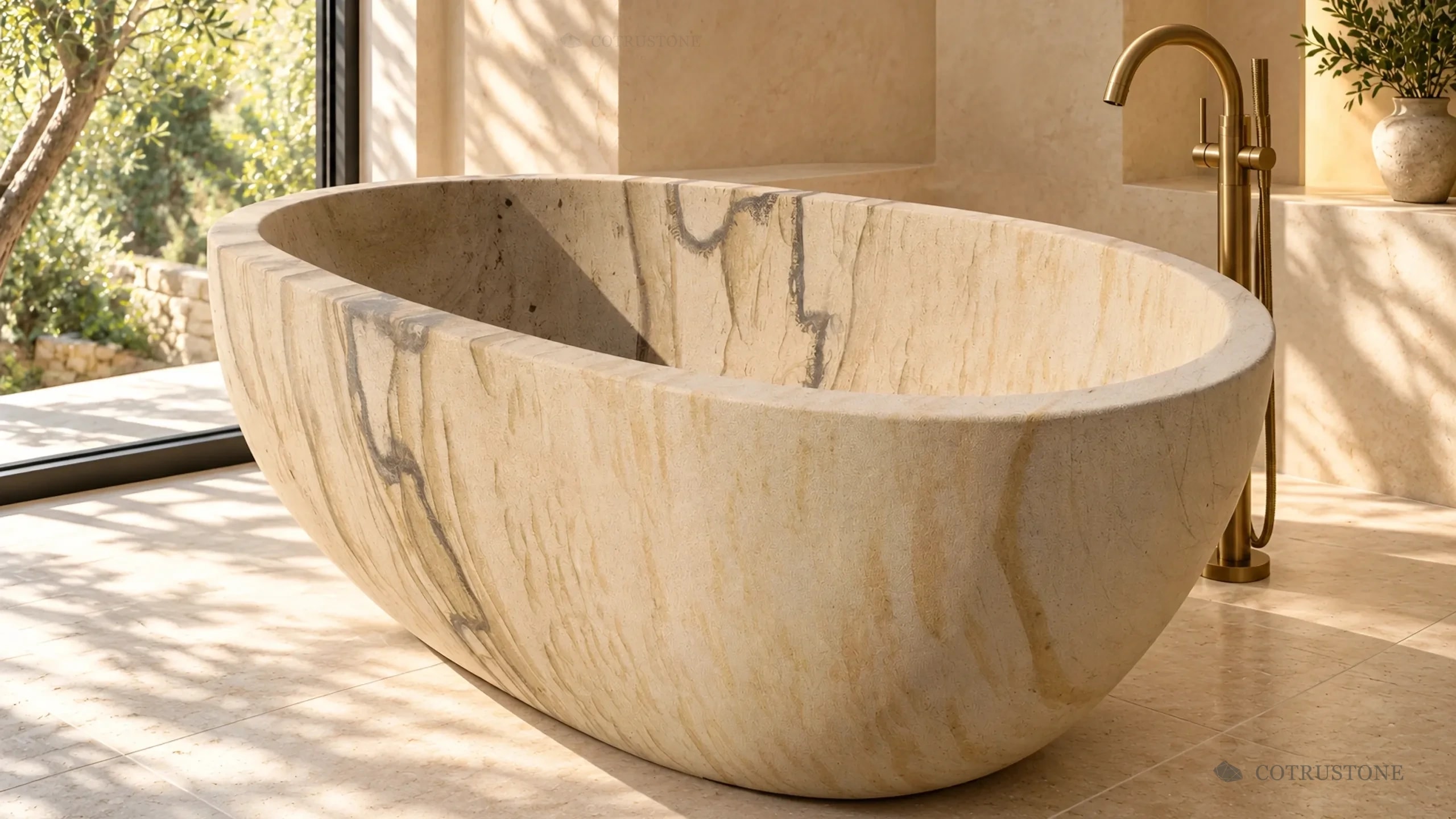 Bañera ovalada exenta de piedra, con bandas crema y gris suave, junto a una grifería de piso en latón cepillado