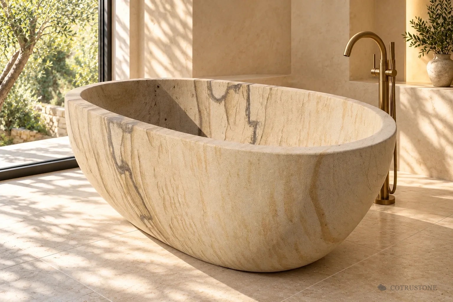 Oval freestanding stone bathtub with cream and soft grey banding beside a brushed-brass floor-standing filler