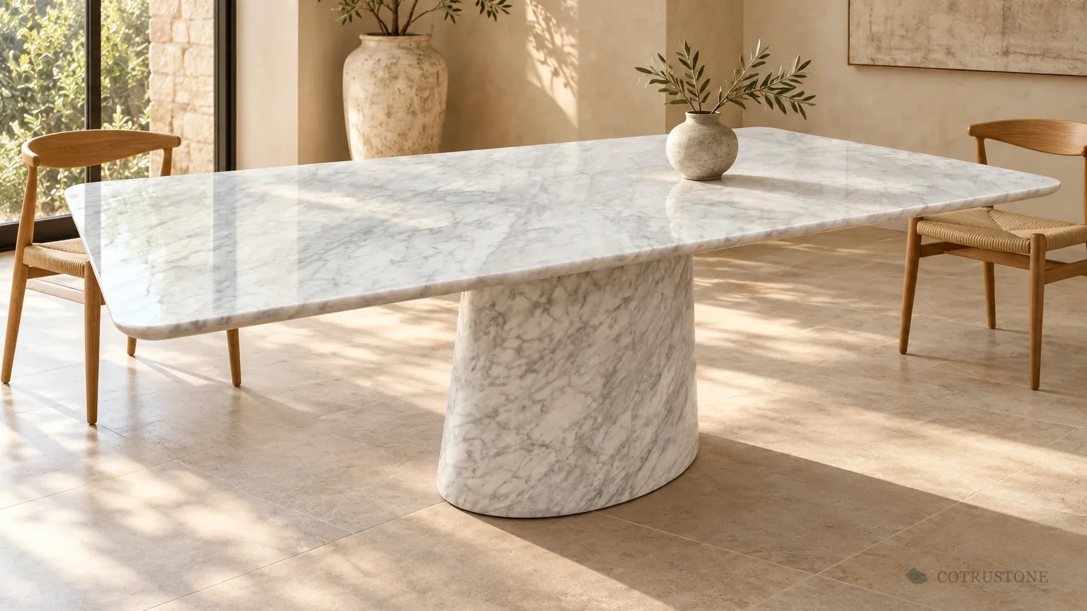 White veined stone dining table with a softly rounded top on a single conical stone pedestal