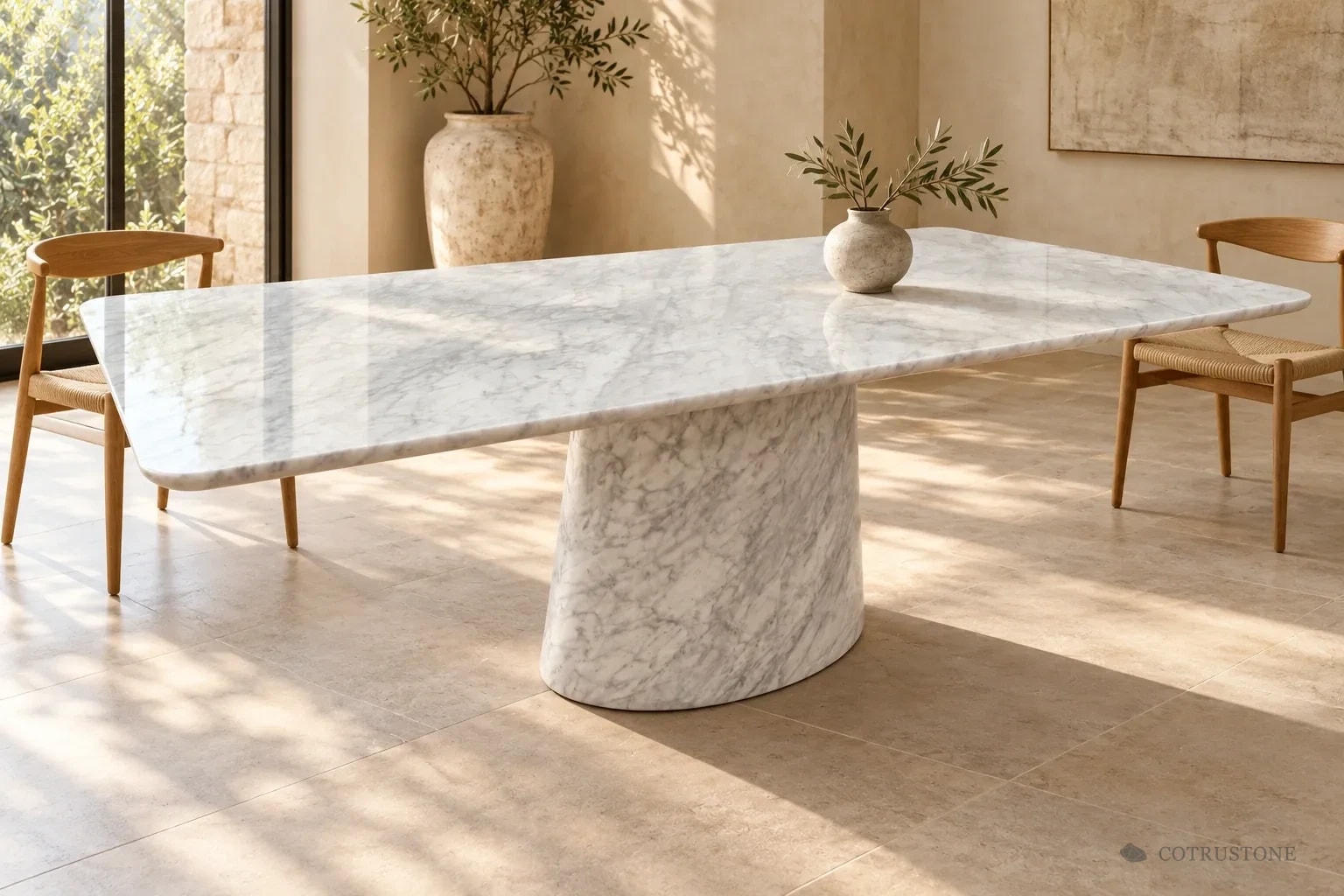 White veined stone dining table with a softly rounded top on a single conical stone pedestal