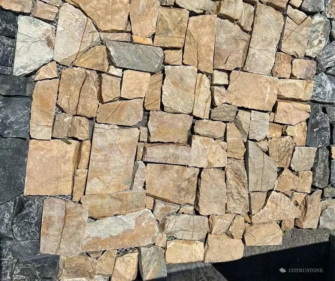 Natural Yellow Slate irregular pieces arranged in a warm and grey freeform pattern