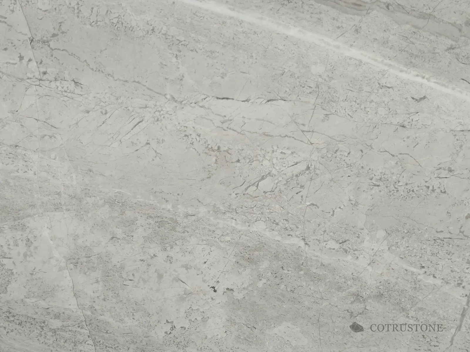 Castle Grey marble surface with fine grey movement and pale diagonal veins