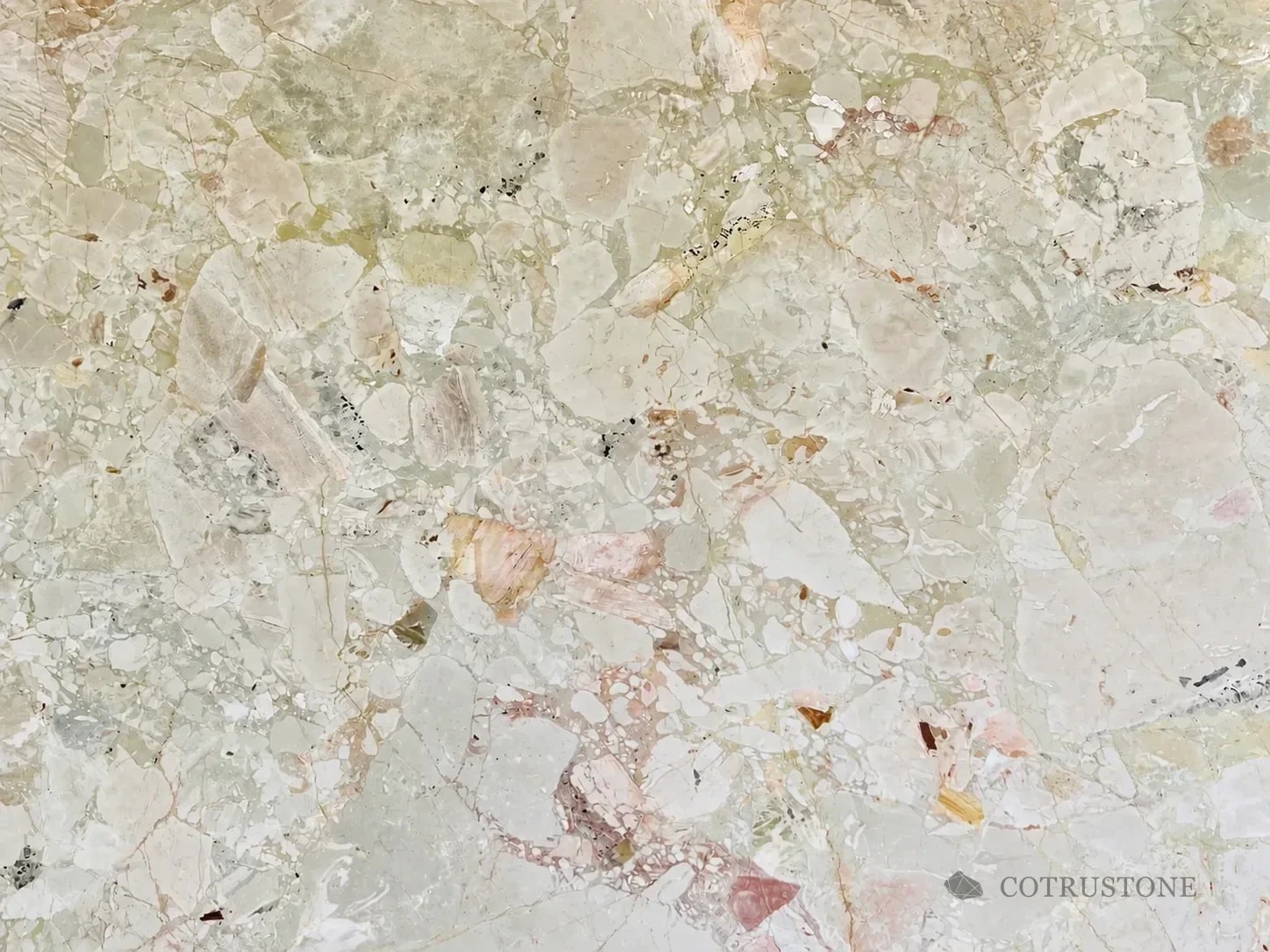 Monet Garden natural marble slab with pale green cream and rose mineral movement