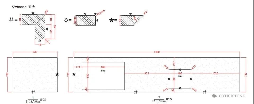 Cotrustone production drawing showing dimensions, cut-outs, edge sections and piece quantities