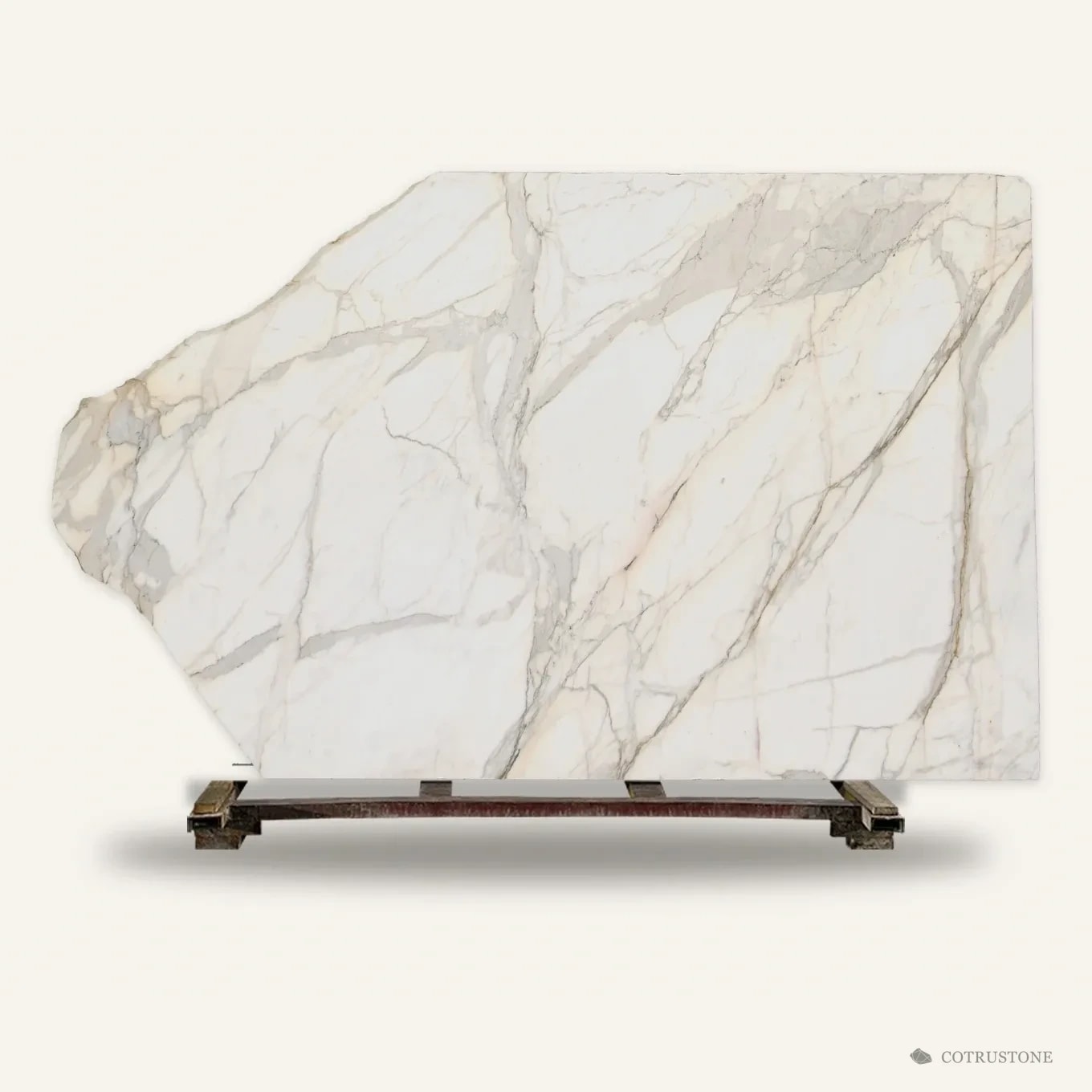 A whole slab of Calacatta Marble standing on a timber pallet