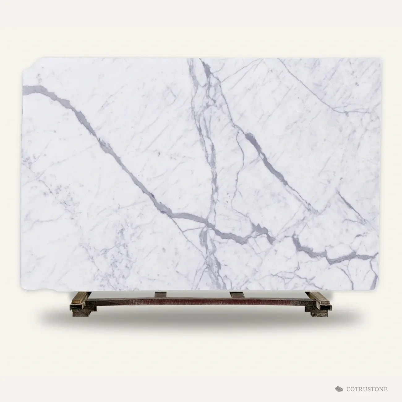 A whole slab of Statuario Marble standing on a timber pallet