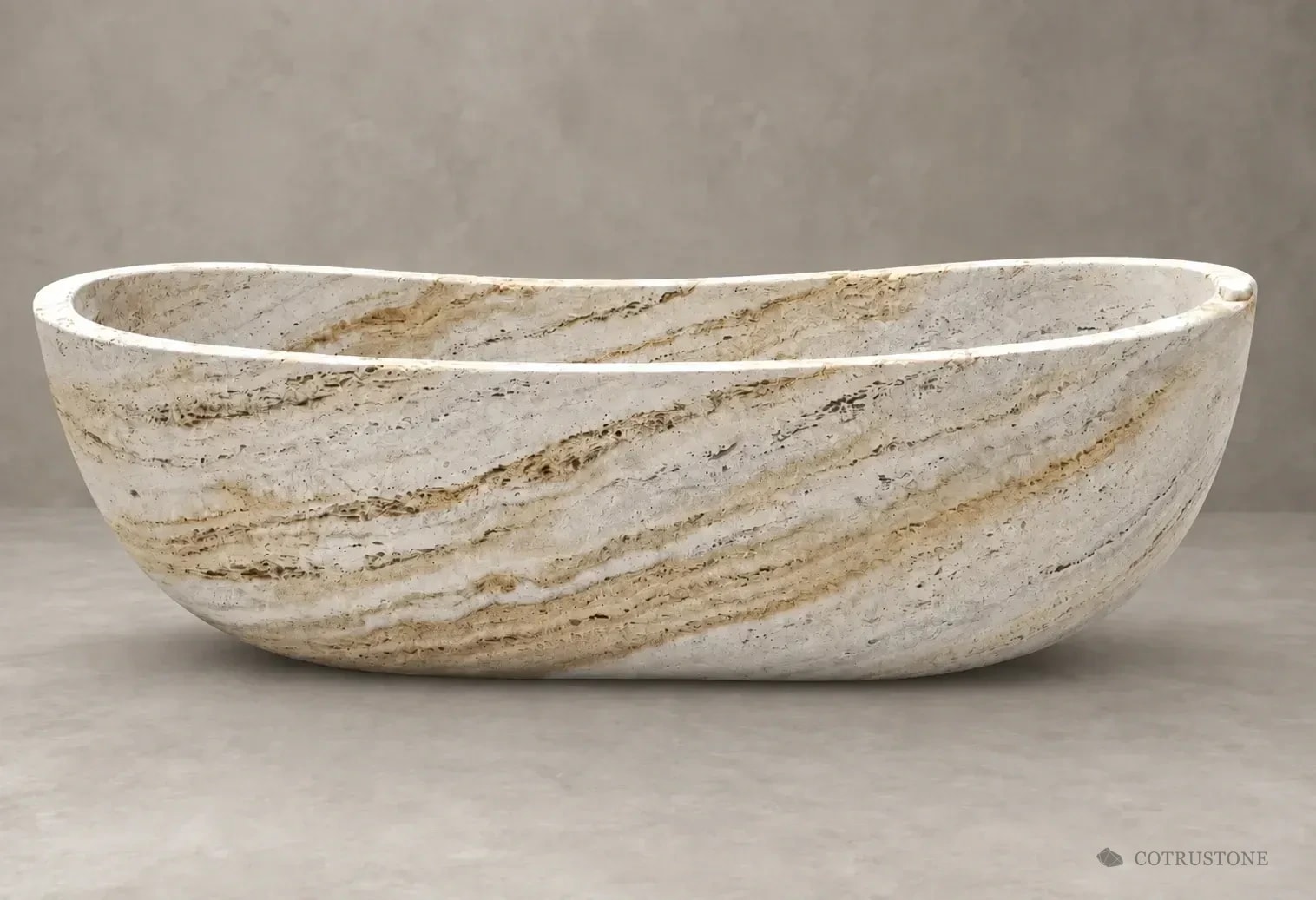 Oval stone bathtub with diagonal silver, cream and warm mineral movement on a neutral background