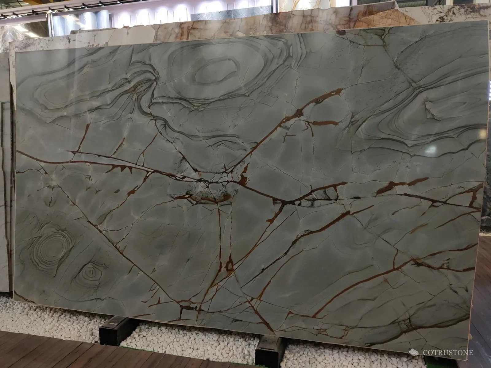 A full slab of Blue Roma quartzite