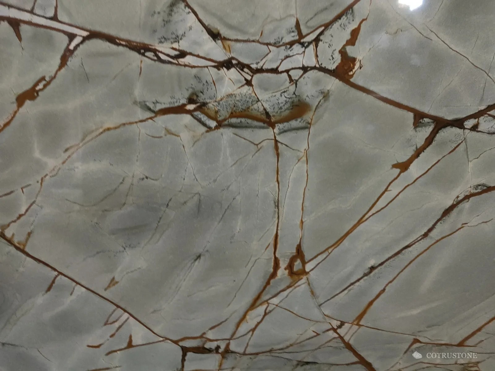 Close view of Blue Roma quartzite with rust-brown veins