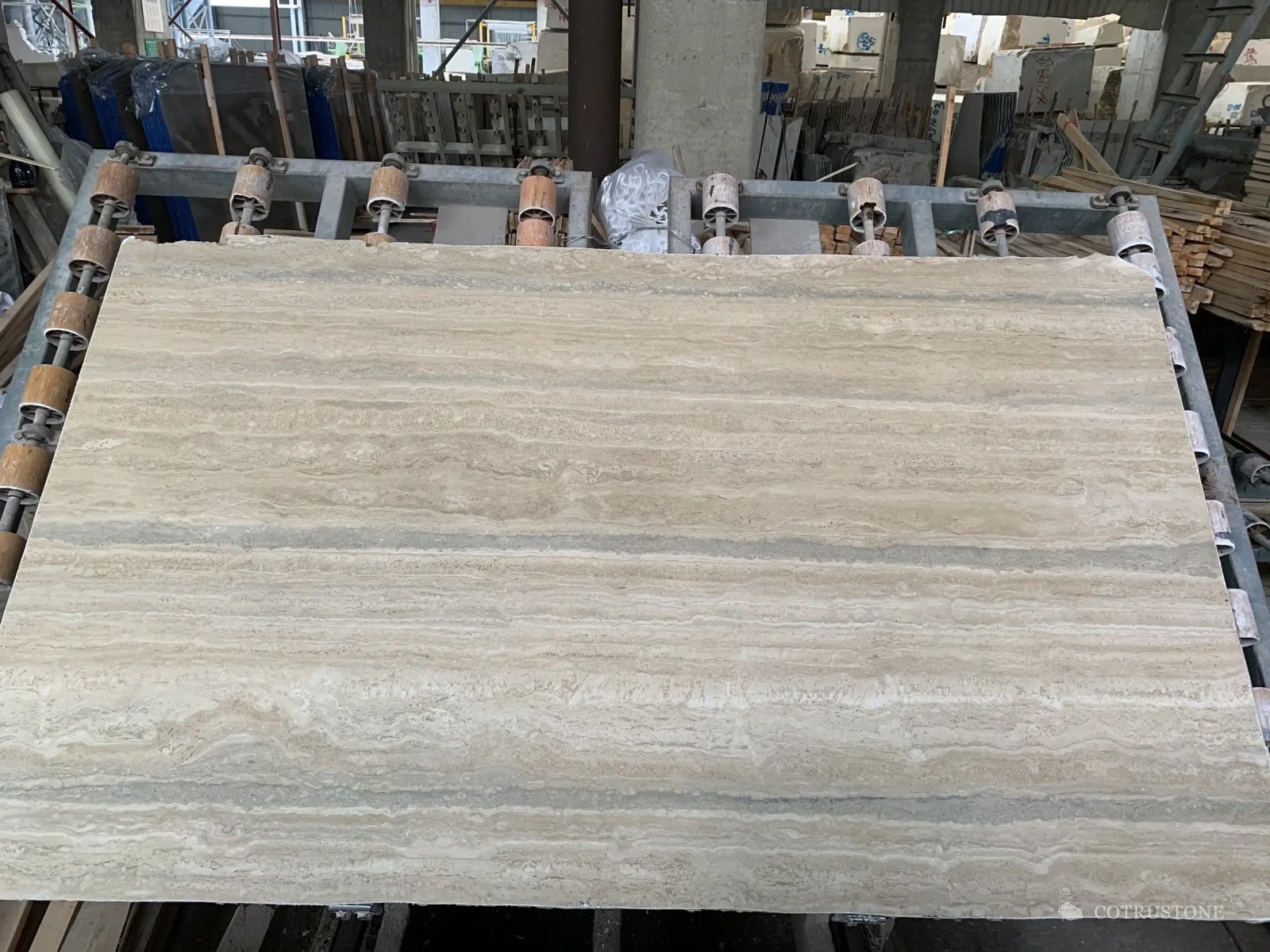 A slab of Italian Silver travertine, vein cut