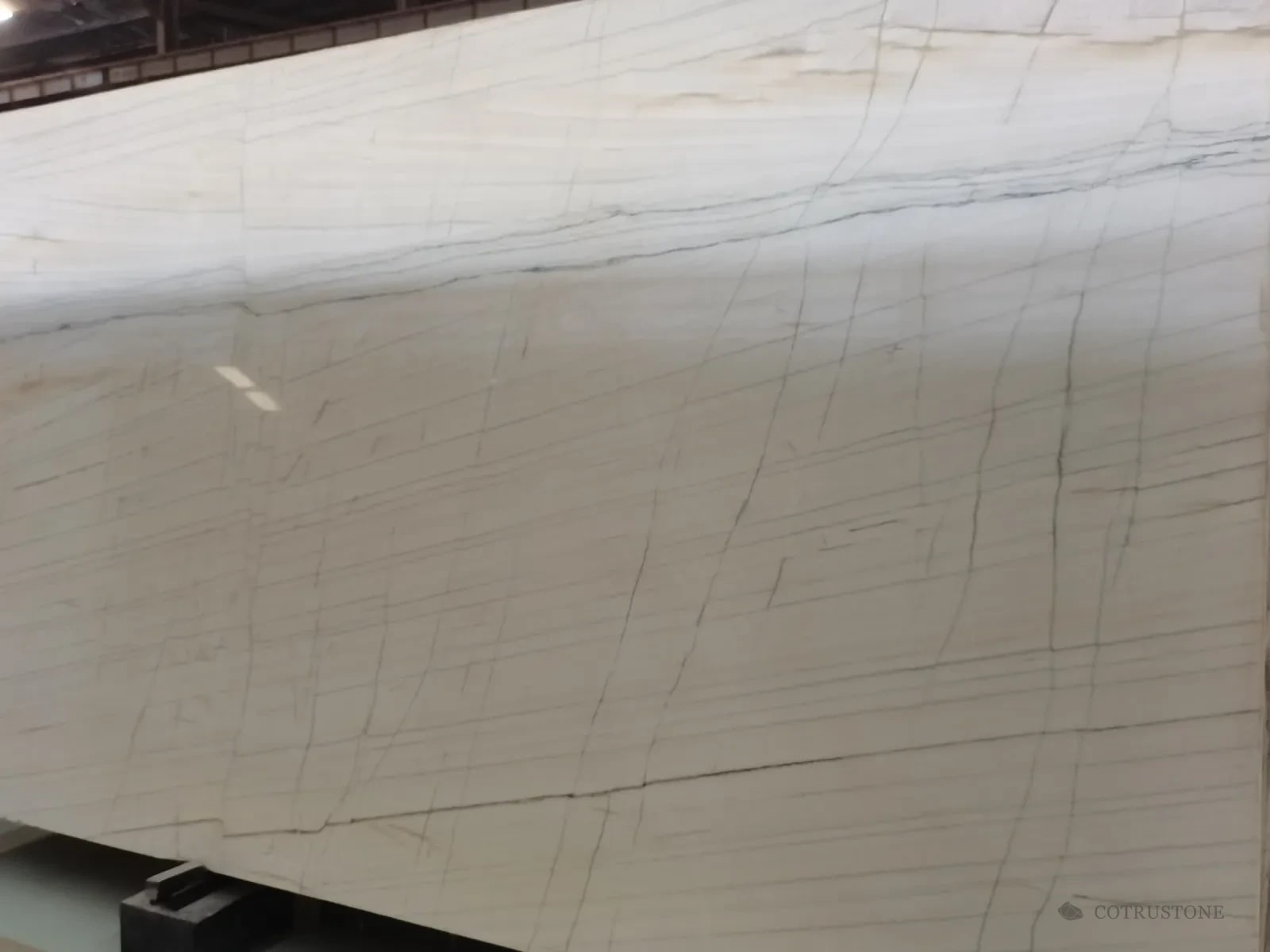A slab of Calacatta Macaubas quartzite on the stand: long taupe lines crossed by finer veins