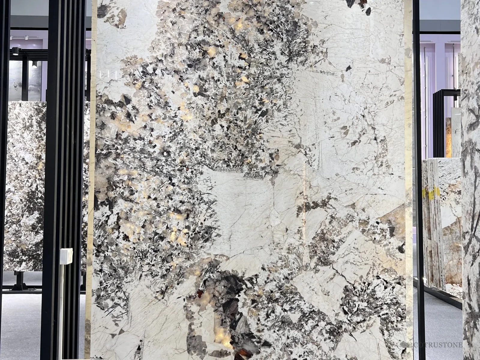 A Patagonia slab without backlighting, white with dark and gold fragments
