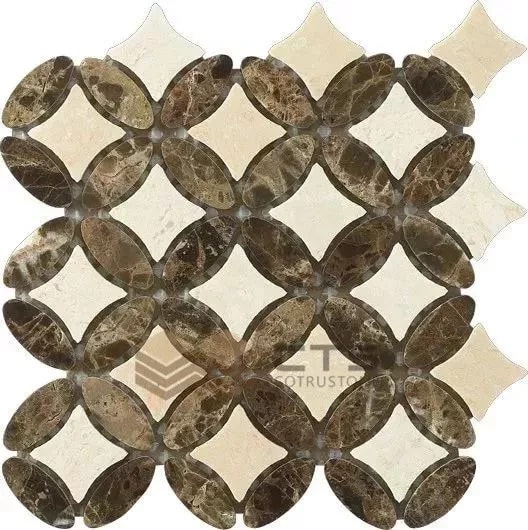 CTS011 stone mosaic with brown oval petals and pale curved diamond centres