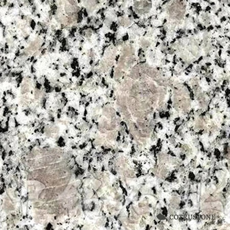 Pearl Flower granite with white and grey grains, black speckles and pink-beige patches