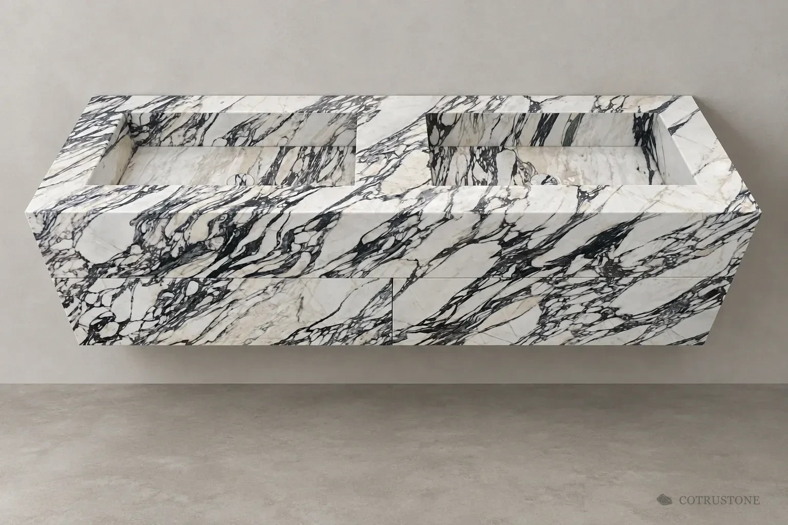 Double-bowl marble vanity in a wall-hung design setting