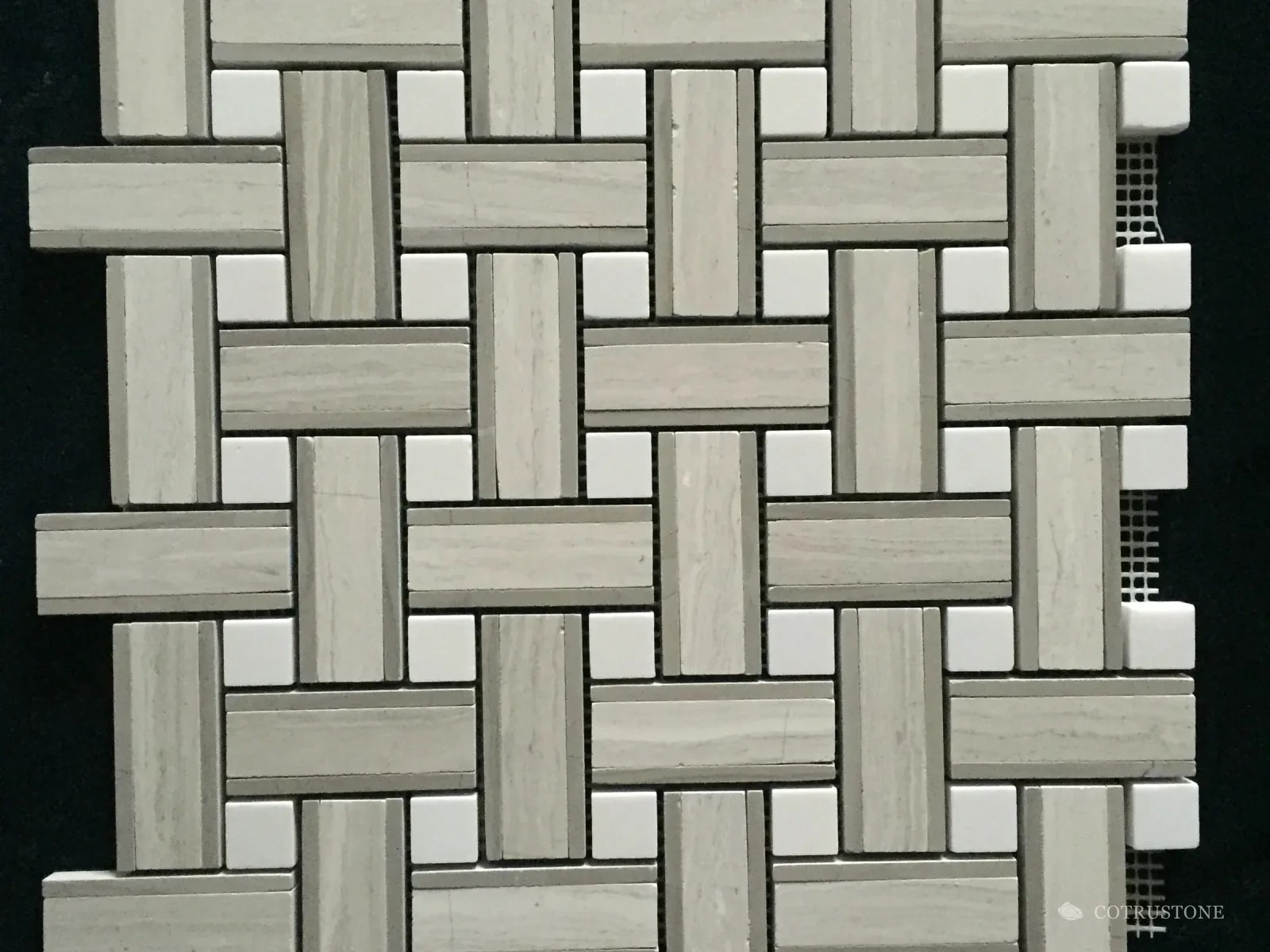 Basketweave mosaic sheet in grey striped stone with small white squares
