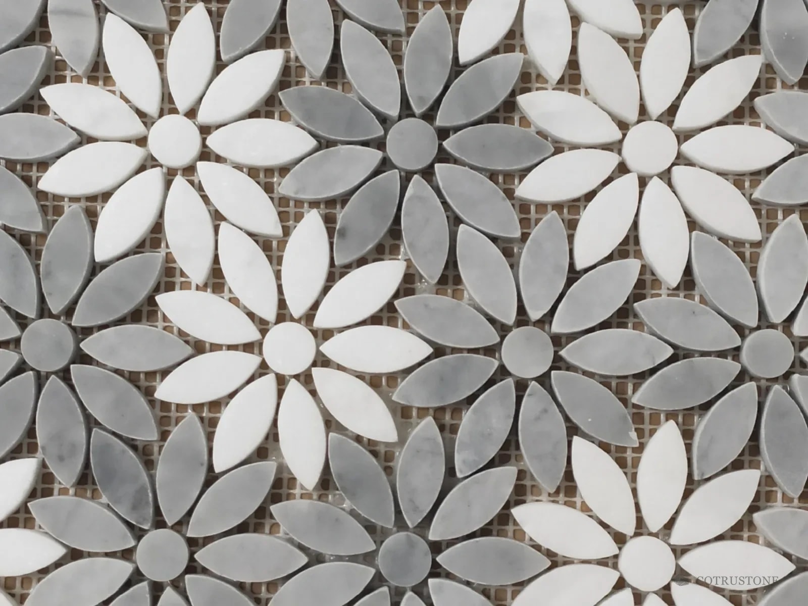 Daisy mosaic sheet in white and grey stone on a mesh backing