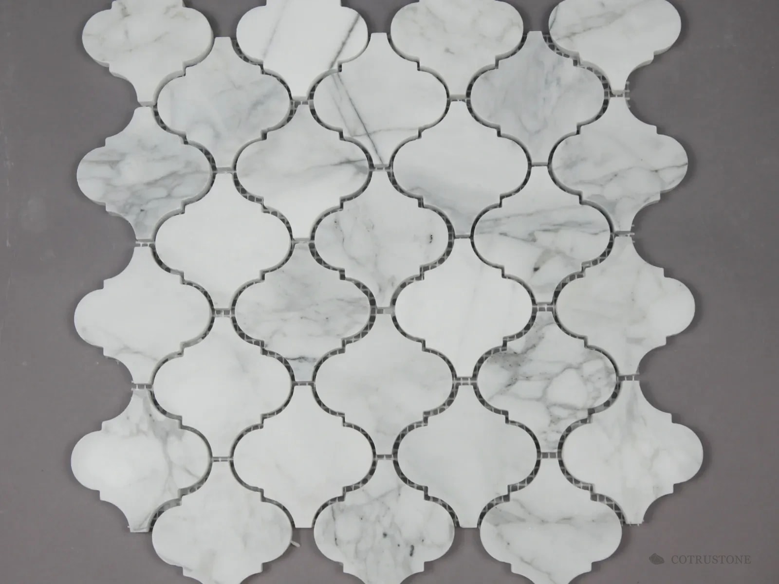 Lantern-shaped mosaic sheet in white stone with grey veins