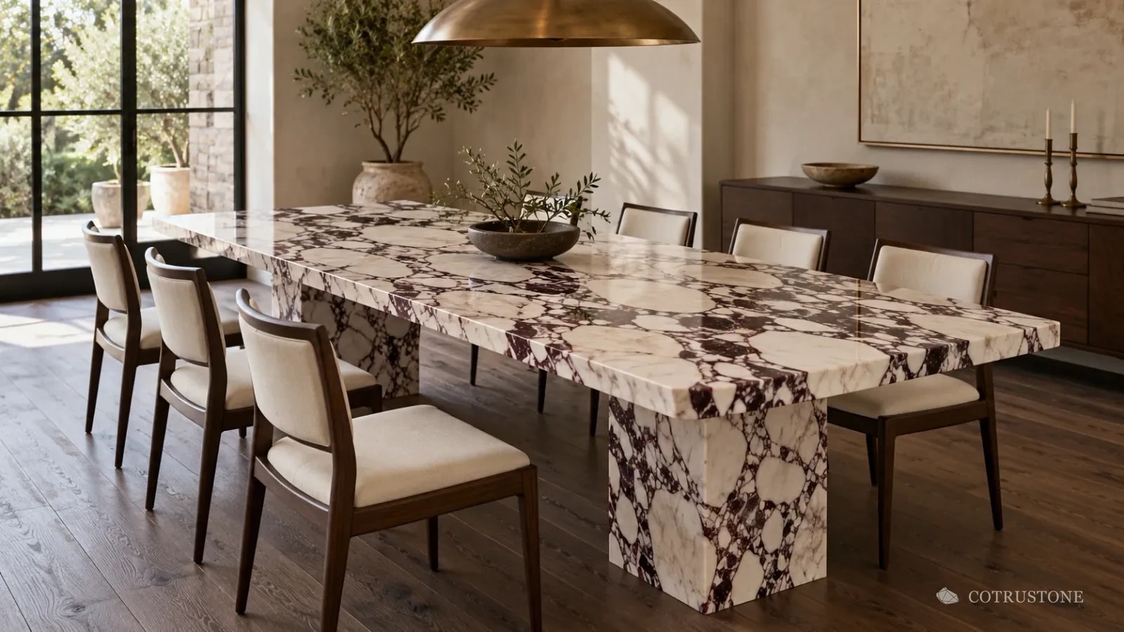 Comedor con una larga mesa de mármol Calacatta Viola sobre pedestal de piedra, sillas de nogal, muros a la cal, piso de roble ahumado y lámpara colgante de latón envejecido