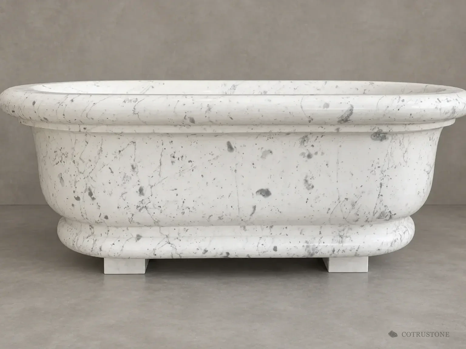 Classic white stone bathtub with rolled rim and profiled base