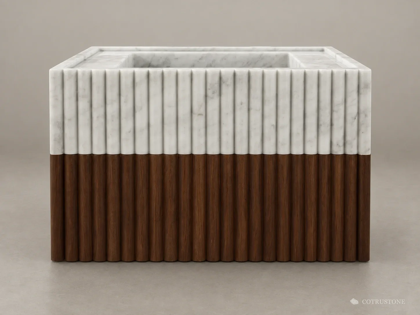 Mueble compacto con lavabo de piedra blanca y frente de madera acanalada