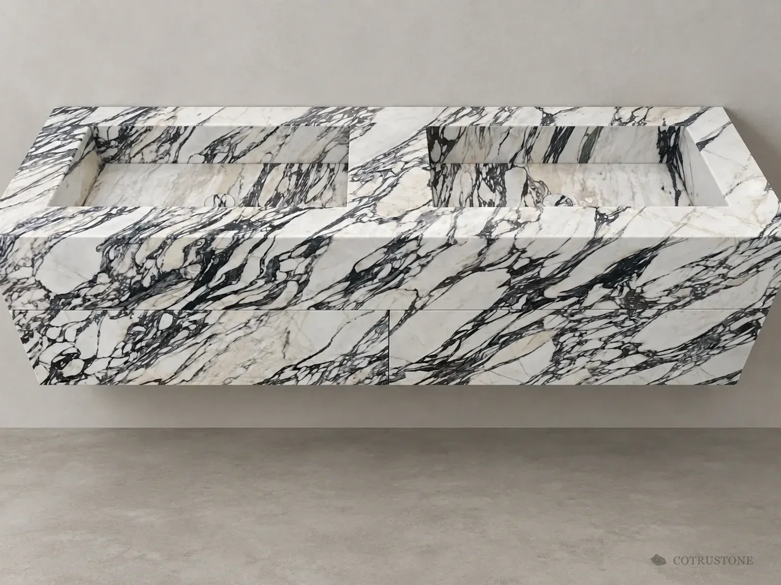 Mueble flotante de piedra con dos lavabos integrados