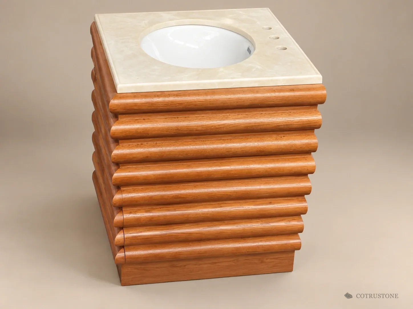 Encimera crema con lavabo ovalado blanco bajo encimera y cajones de madera
