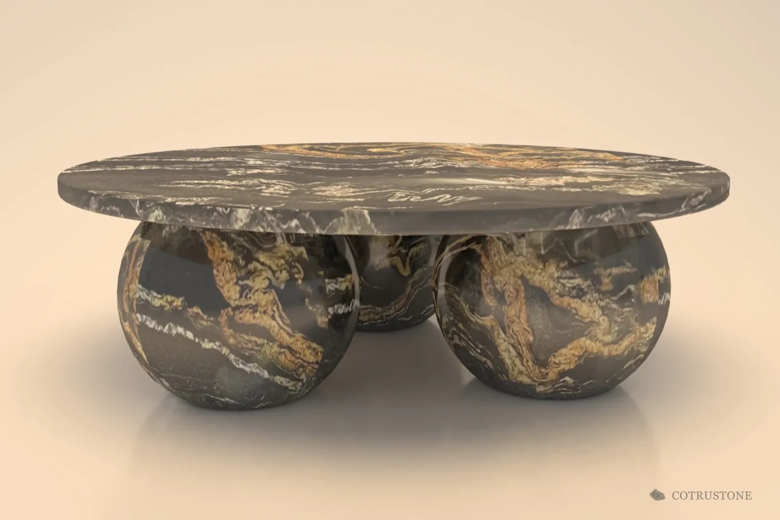 Black and gold · Rendered round stone coffee table with rounded supports