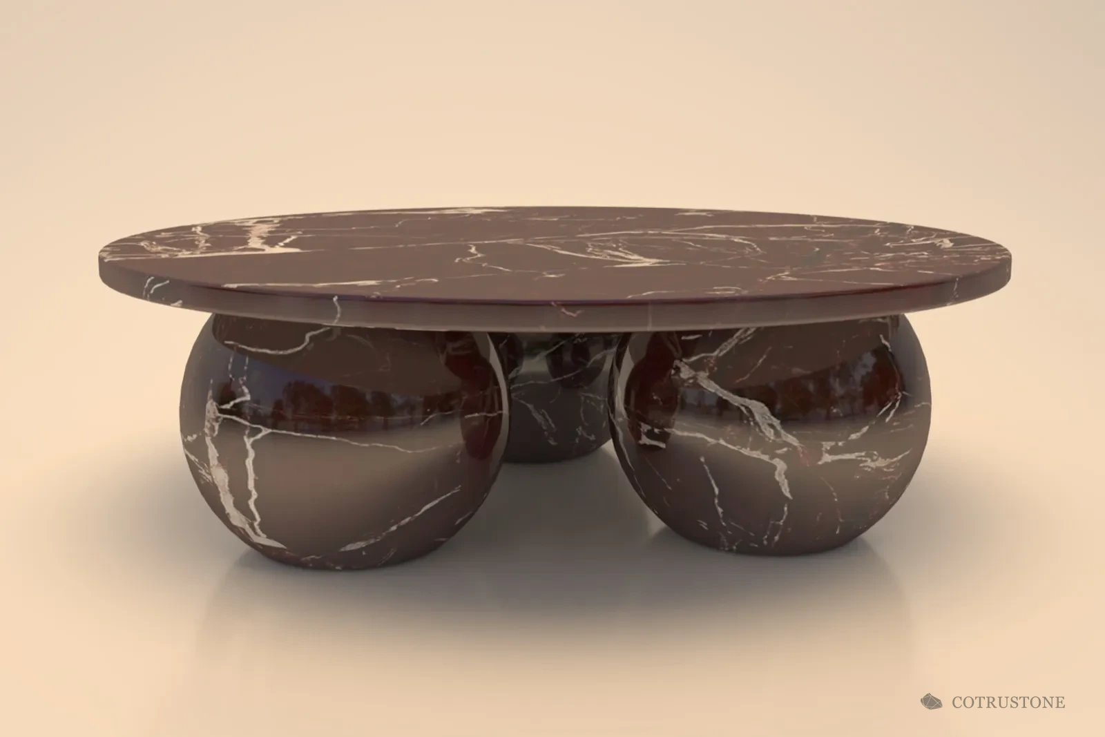 Burgundy · Rendered round stone coffee table with rounded supports